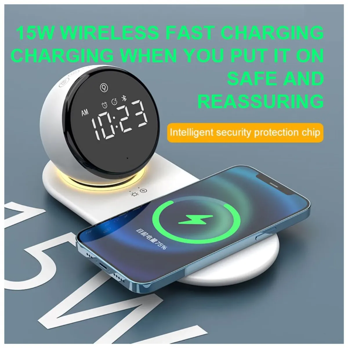 OEM - RELOJ DIGITAL CON CARGADOR INALAMBRICO Y PARLANTE BLUETOOTH