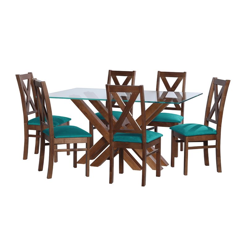 LATAM HOME - JUEGO DE COMEDOR MERIDA 6 SILLAS SEGOVIA TELA VELVET TURQUESA
