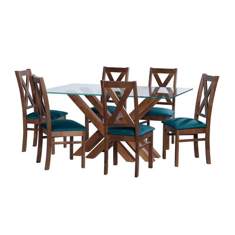 LATAM HOME - JUEGO DE COMEDOR MERIDA 6 SILLAS SEGOVIA TELA VELVET AZUL PETROLEO