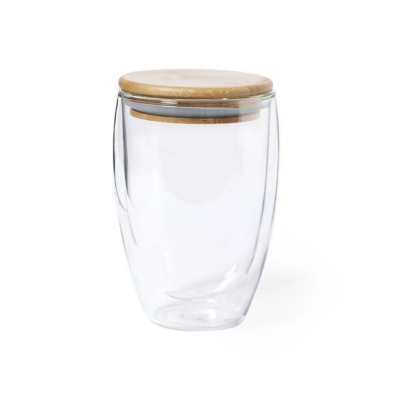 IMPORTCLICK - Vaso MUG Térmico Doble Pared Tapa Bambú Vidrio Tobby 350 ML