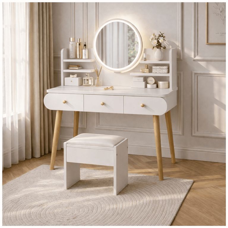 Tocador Madera Espejo Con Luz 100 Ancho*40*120cm con taburete blanco
