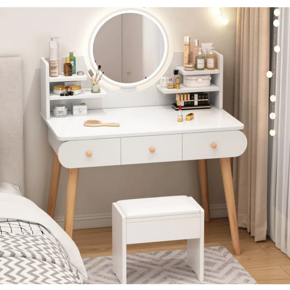 HOMER DESIGN - Tocador Madera Espejo Con Luz 100 Ancho*40*120cm con taburete blanco