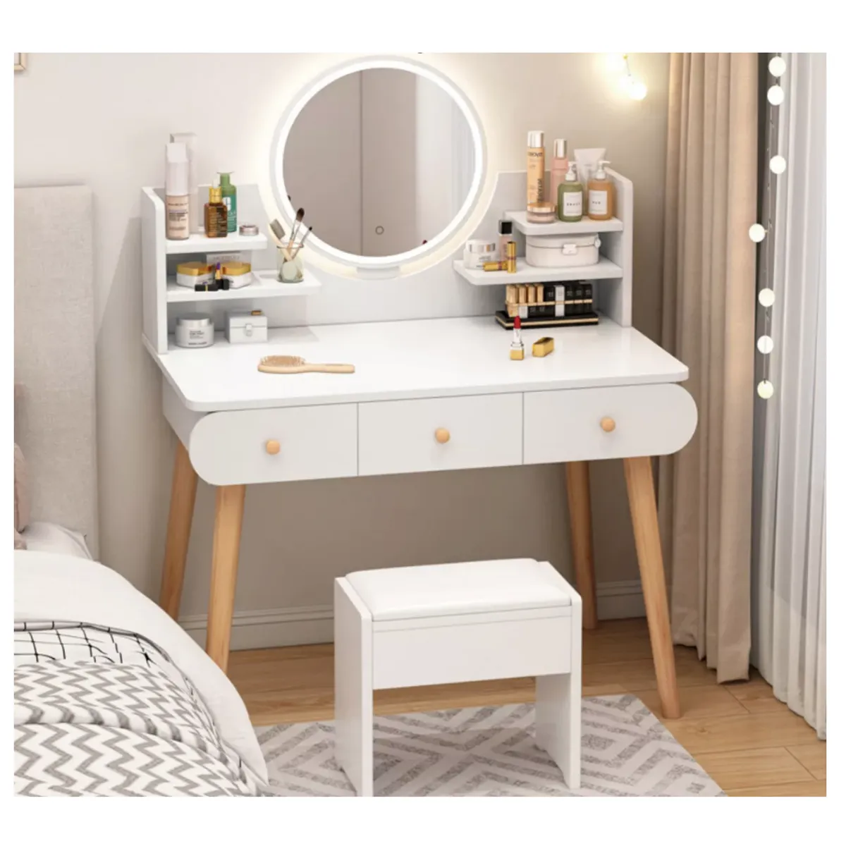 HOMER DESIGN - Tocador Madera Espejo Con Luz 100 Ancho*40*120cm con taburete blanco