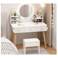 HOMER DESIGN - Tocador Madera Espejo Con Luz 100 Ancho*40*120cm con taburete blanco