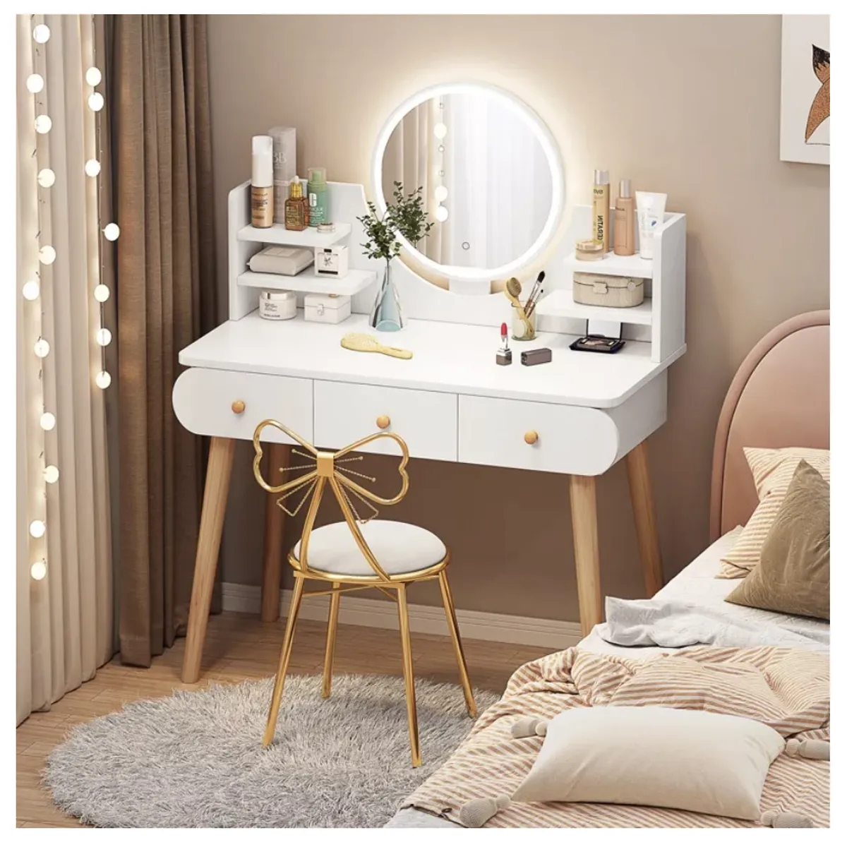 HOMER DESIGN - Tocador Madera Espejo Con Luz 100 Ancho*40*120cm con taburete blanco