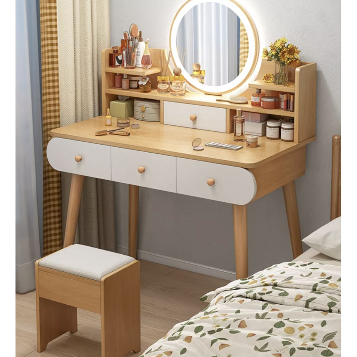 HOMER DESIGN - Tocador Madera Espejo Con Luz 100x40x120cm con taburete marrón