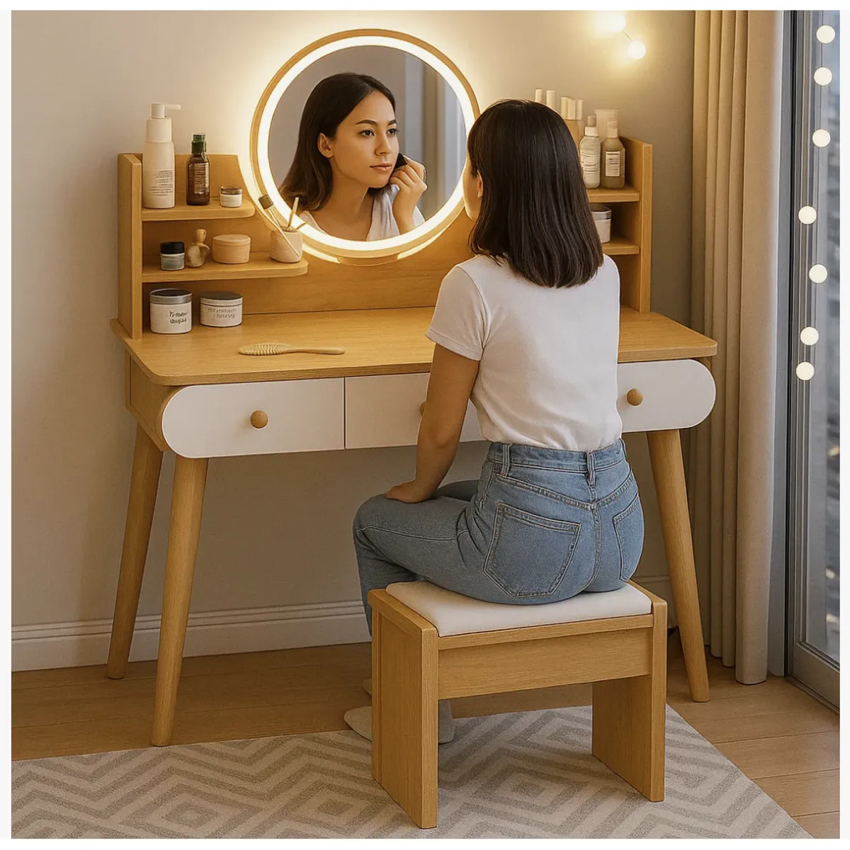 HOMER DESIGN - Tocador Madera Espejo Con Luz 100x40x120cm con taburete marrón