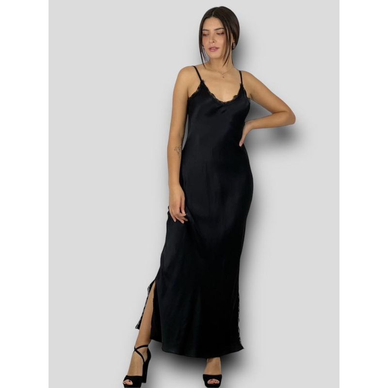 ENIGMATICA BOUTIQUE - Maxi Vestido Seda Bordes Gaza Negro ENIGMATICA BOUTIQUE