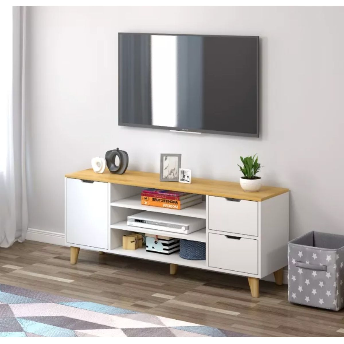 HOMER DESIGN - Rack Tv 120x30x55cm 2 Tiras 1 Puerta Melamina blanco con roble