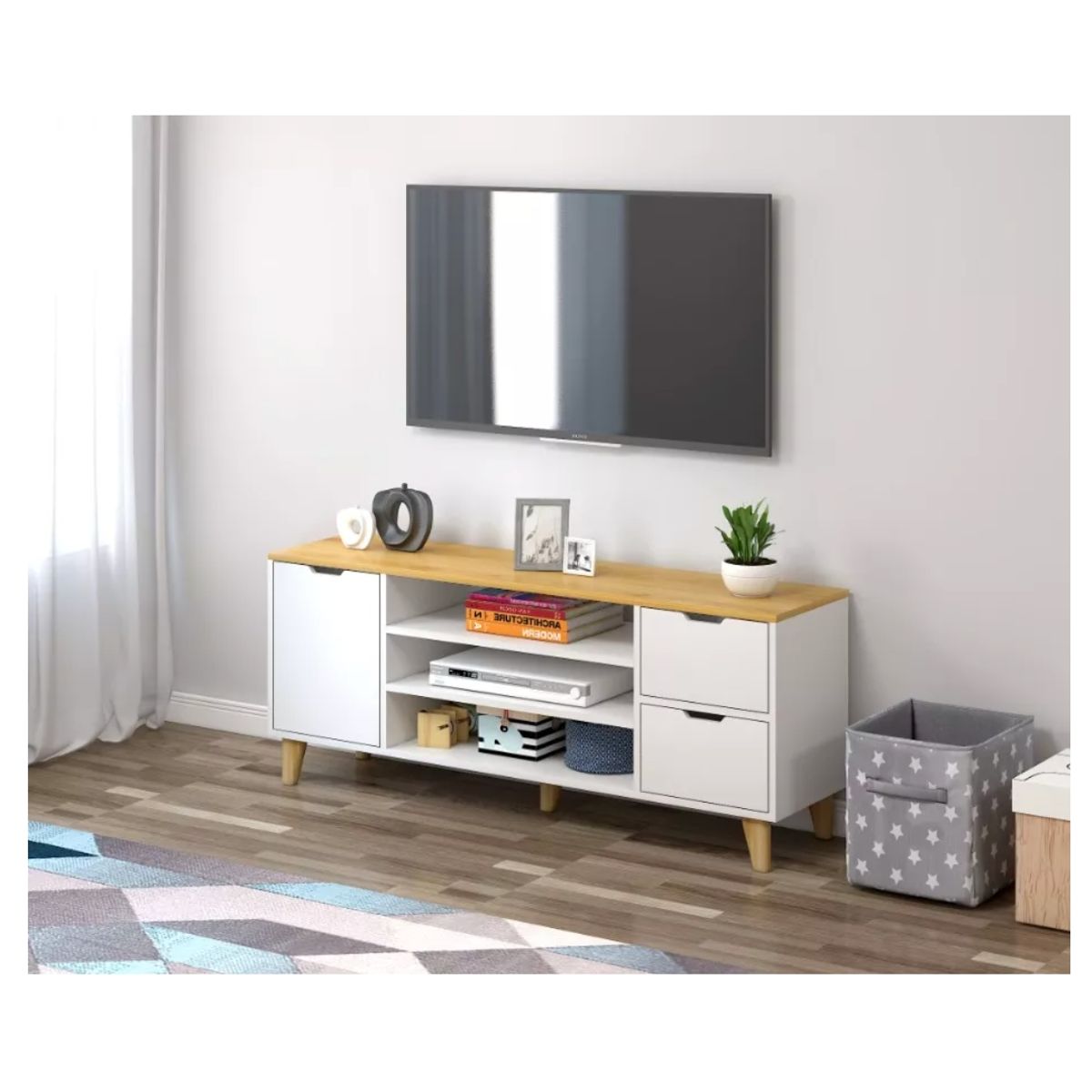 HOMER DESIGN - Rack Tv 120x30x55cm 2 Tiras 1 Puerta Melamina blanco con roble