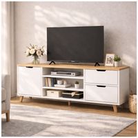 Rack Tv 120x30x55cm 2 Tiras 1 Puerta Melamina blanco con roble