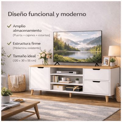 Imagen 2 del producto Rack Tv 120x30x55cm 2 Tiras 1 Puerta Melamina blanco con roble