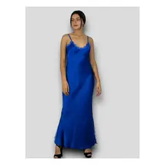 ENIGMATICA BOUTIQUE - Maxi Vestido Seda Bordes Gaza Azul