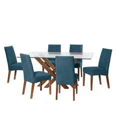LATAM HOME - JUEGO DE COMEDOR MERIDA 6 SILLAS CADIZ TELA VELVET AZUL PETROLEO