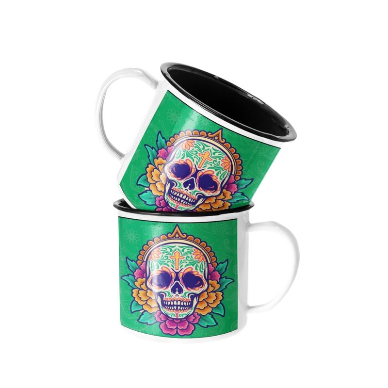 SM - Taza Enlozada Catrina Esqueleto Verde Flores Esqueleto SM