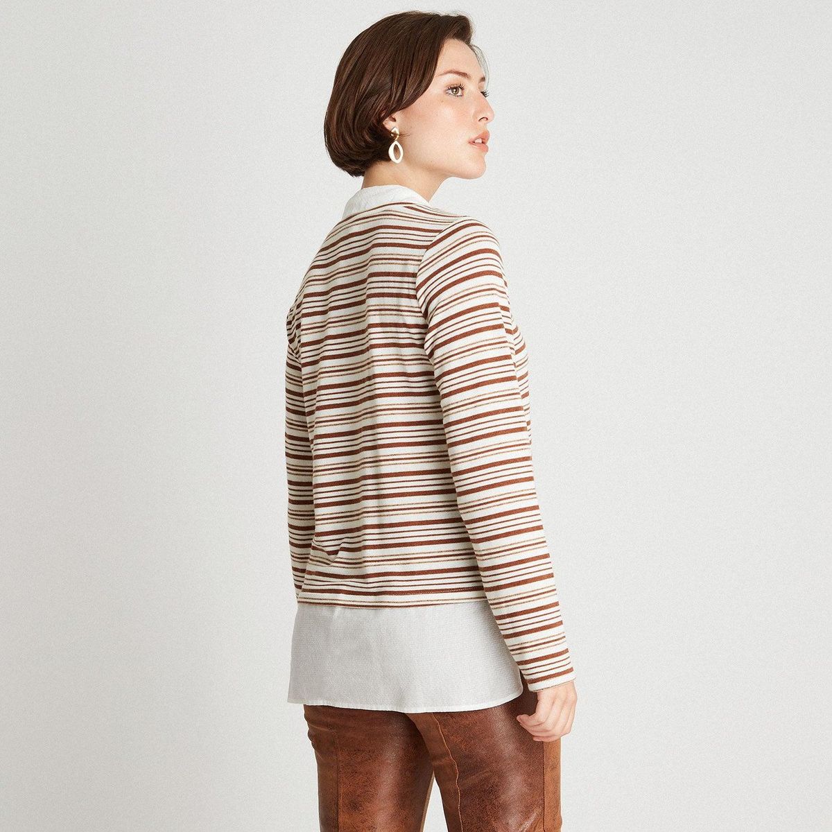 CURVI - Polera Camant Rayada Con Blusa Falsa Beige