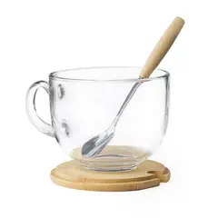 IMPORTCLICK - Taza MUG Vidrio Cuchara Posavasos Bambú Vidrio Yirax 420 ML - Turquesa