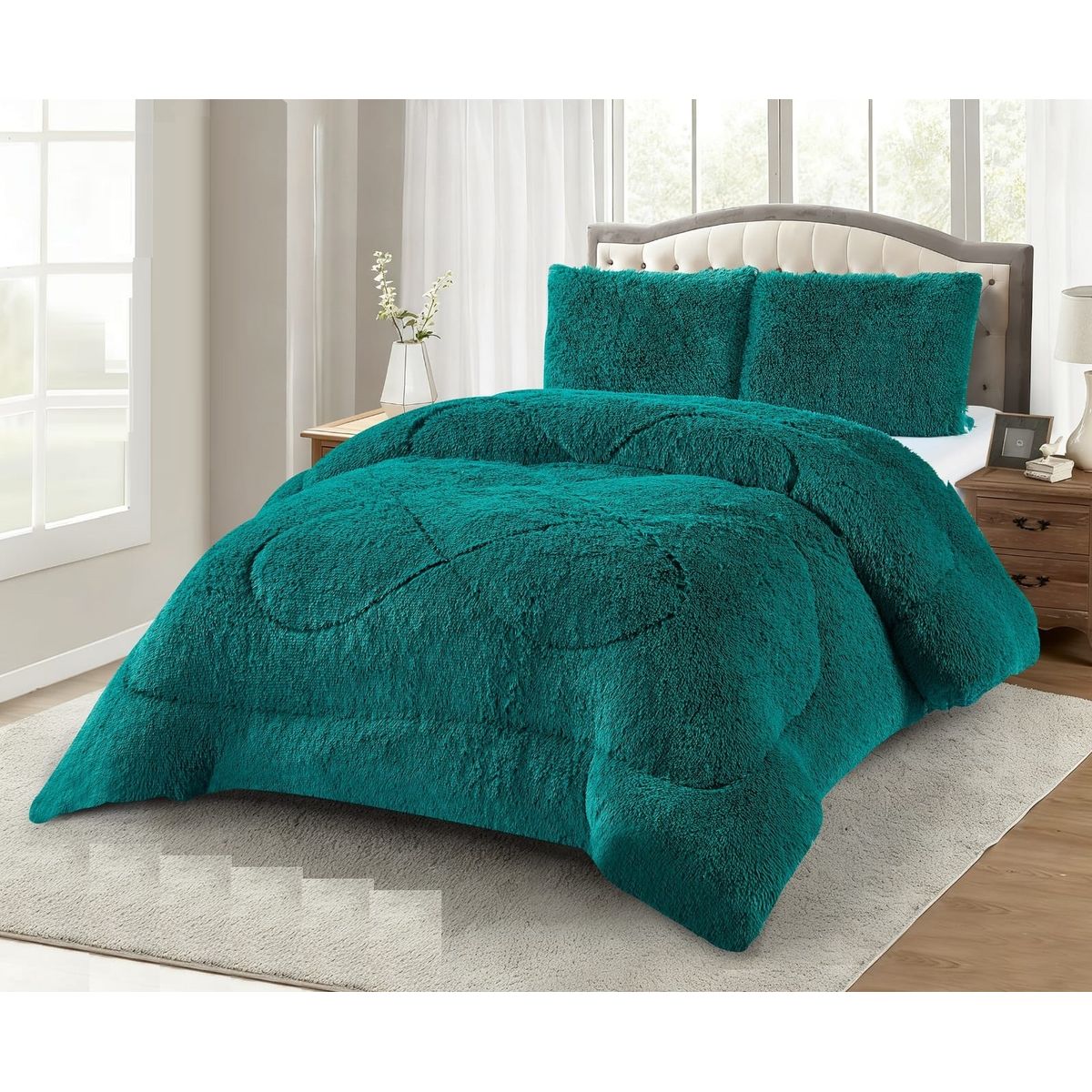 GENERICO - COBERTOR DE INVIERNO PELUDO VERDE TURQUESA KING  CON CHIPORRO TF