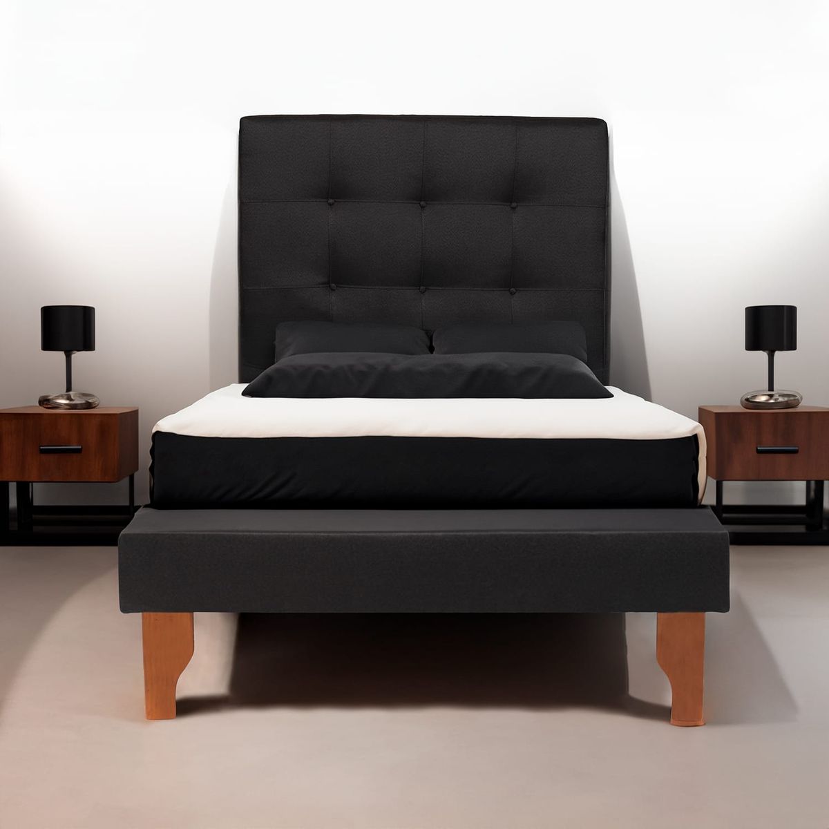 MUEBLES NEW - CAMA DE PLAZA NEGRO LINO.