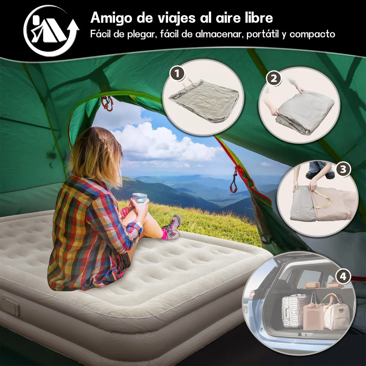 AIZO - Colchón Cama Inflable Eléctrico 2 Plazas Con Dos Almohadas