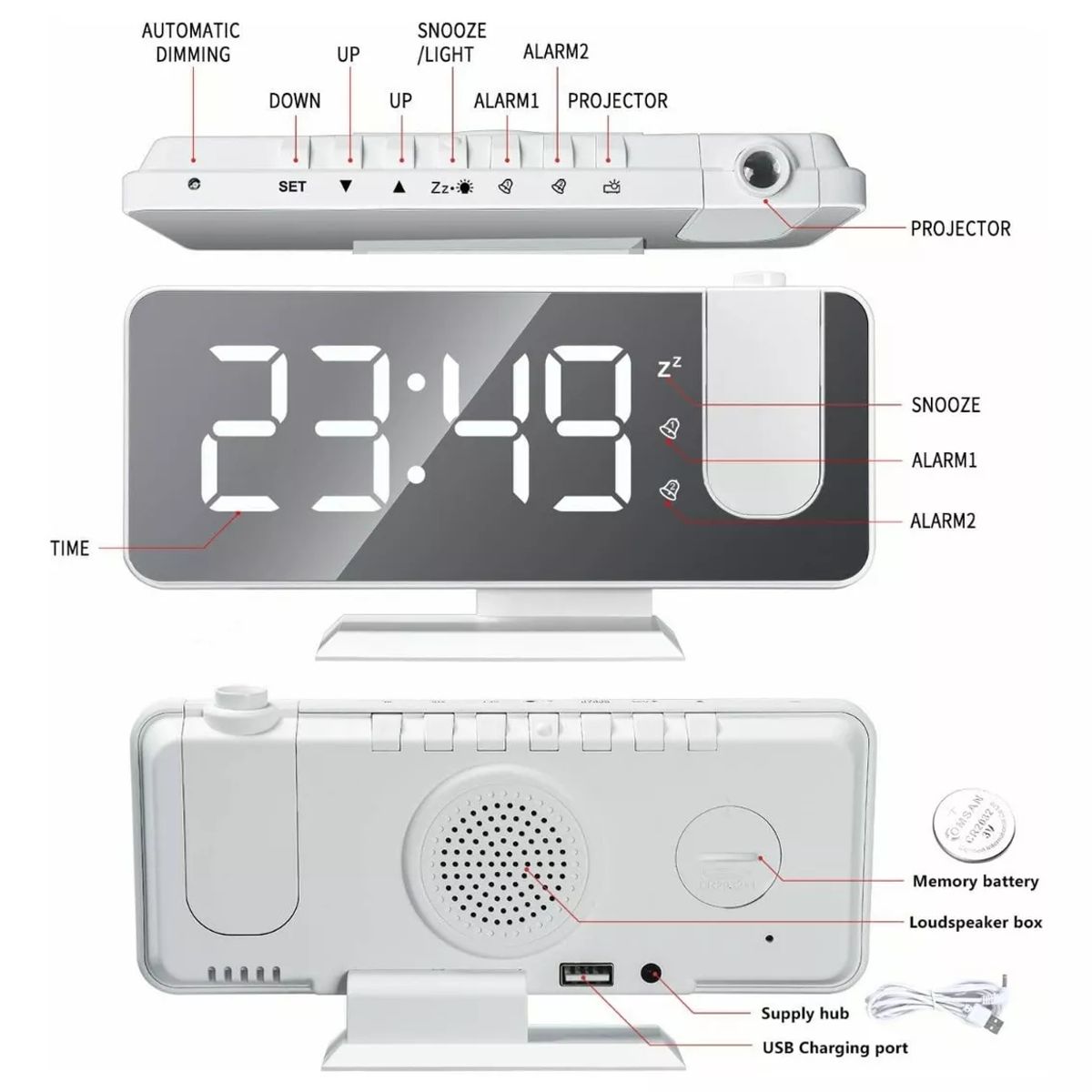 GENERICO - Reloj Despertador Led Con Radio Proyector Y Pantalla Grande