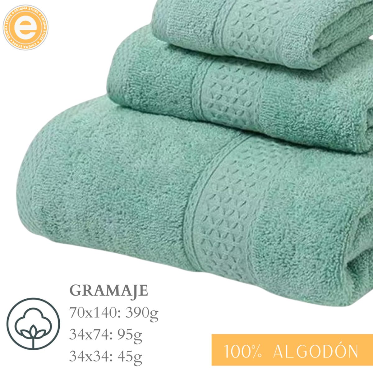 GENERICO - Pack 3 Toallas Verde Cuerpo Manos Y Cara 100% Algodon