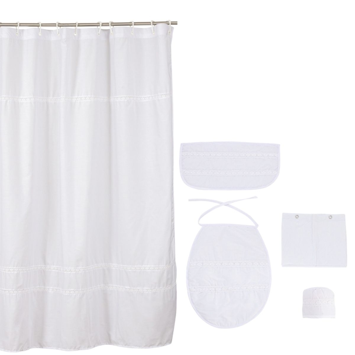 GENTILE - Cortina y Set de baño Medida Especial 5 piezas color Blanco bolillo blanco 200 x 200 cms