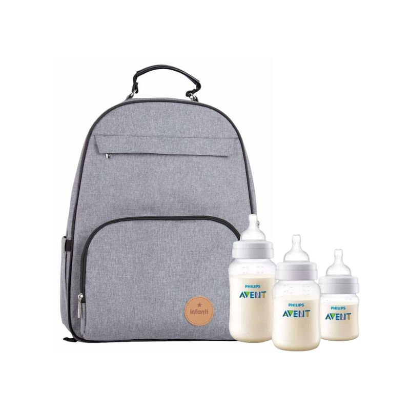 INFANTI - MOCHILA MATERNAL OAK GRIS MÁS SET  3 MAMADERAS