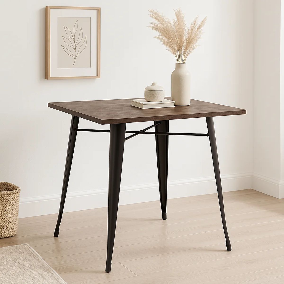 KLIK - Mesa Tolix cuadrada negra 80x80 con cubierta de Madera Oscura Walnut