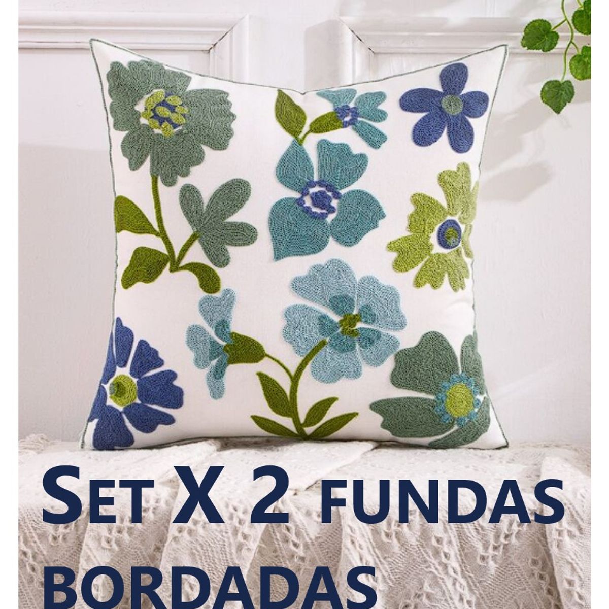 COMPRAPO - Set Pack X 2 Fundas Cojín Bordado Flowers Green And Blue 45x45 cm
