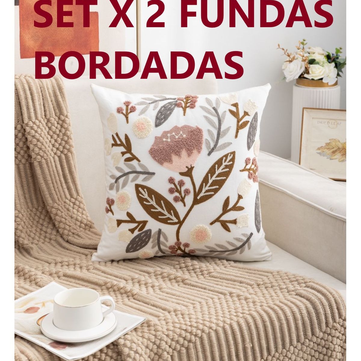 COMPRAPO - Set Pack X 2 Fundas Cojín Bordado Tierra y Palo Rosa 45x45 cm