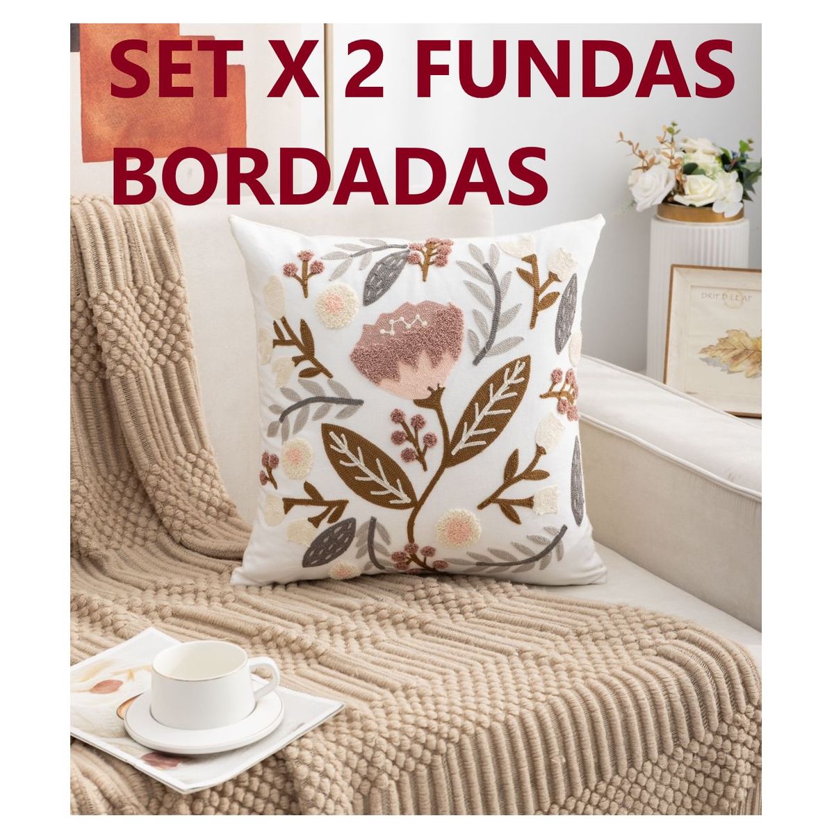 COMPRAPO - Set Pack X 2 Fundas Cojín Bordado Tierra y Palo Rosa 45x45 cm