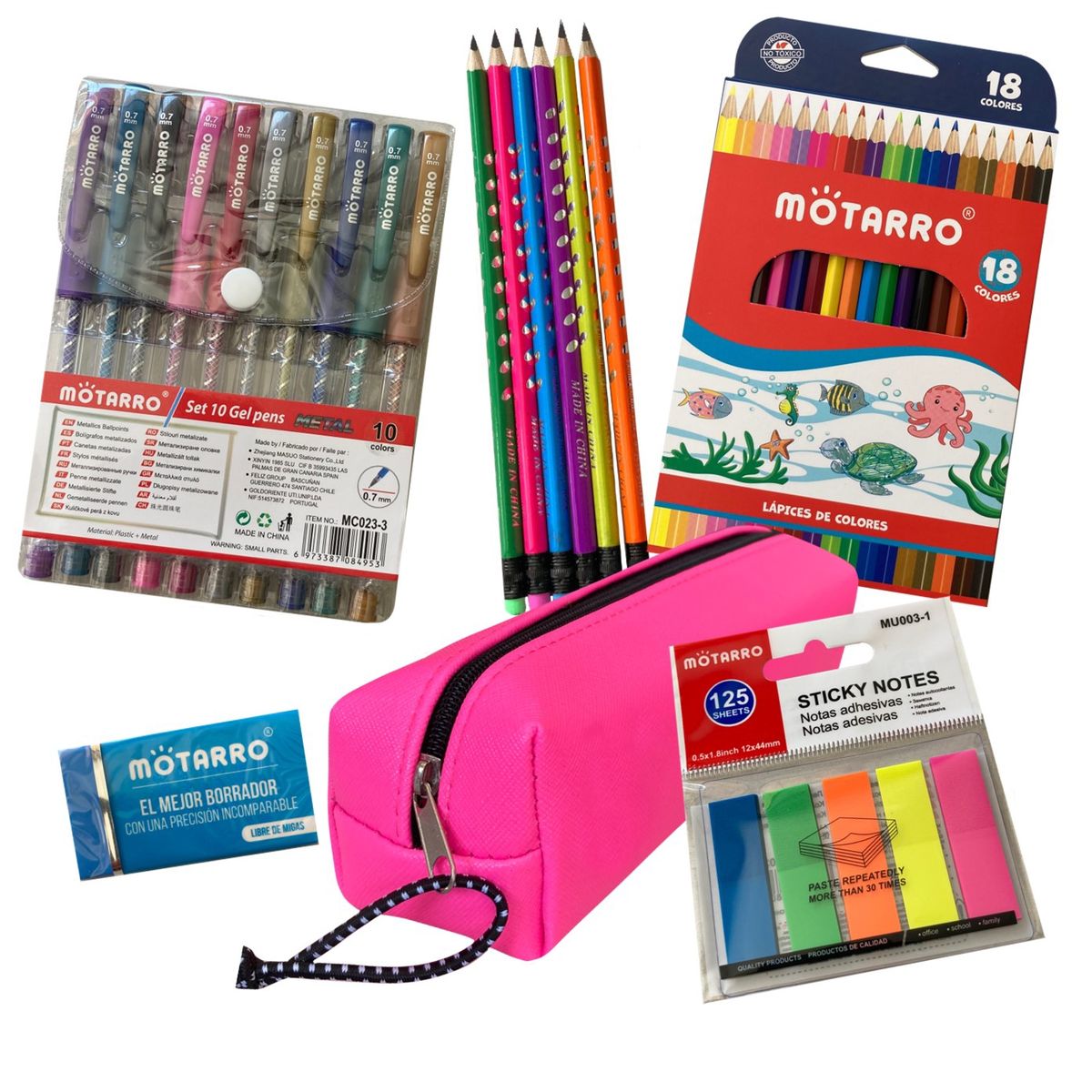 MOTARRO - Pack útiles escolares 2 -Lápices -Bolígrafos -Estuche y más