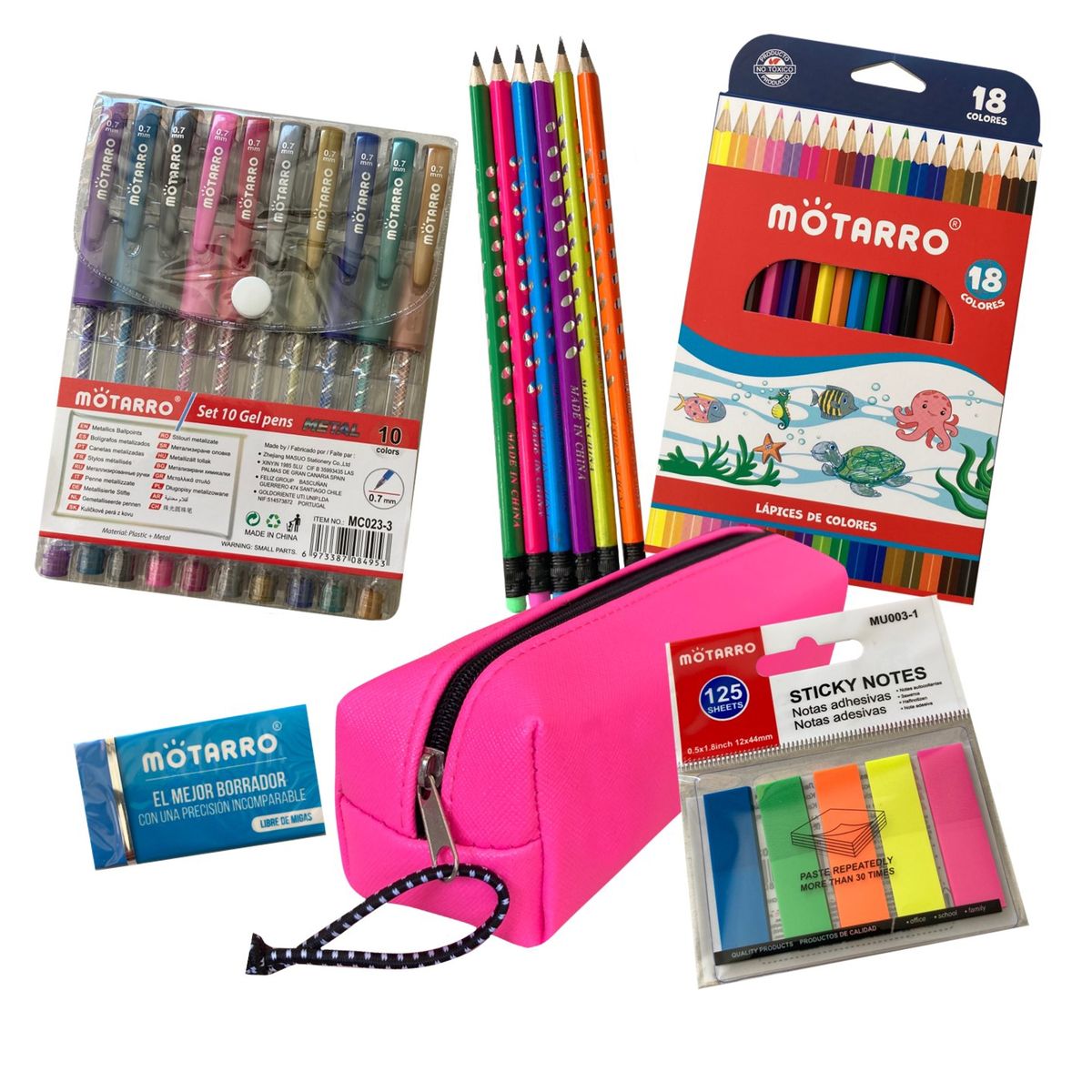 MOTARRO - Pack útiles escolares 2 -Lápices -Bolígrafos -Estuche y más