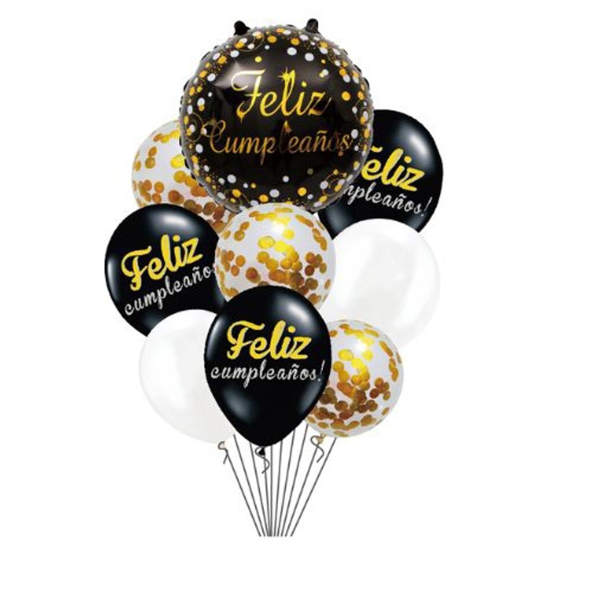 GENERICO - Globo Feliz Cumpleaños Color Blanco Negro 9 Unidades