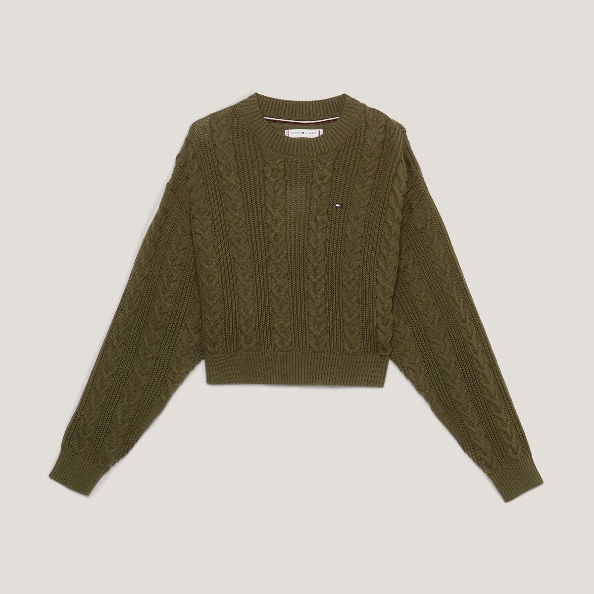 TOMMY HILFIGER - Sweater Cropped De Punto Trenzado Verde Tommy Hilfiger