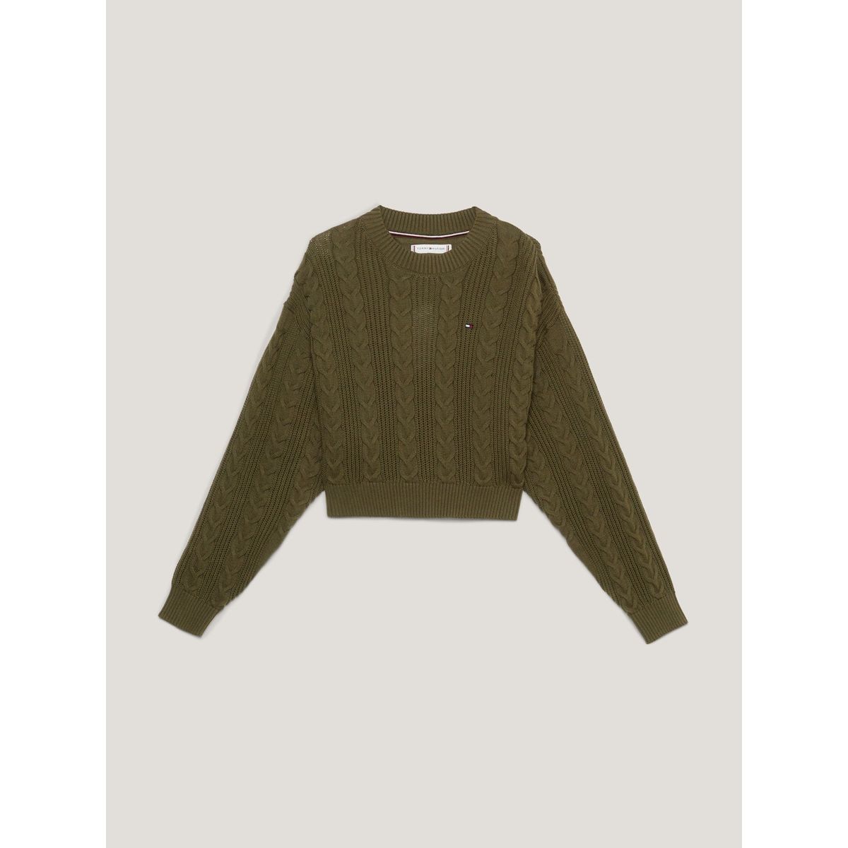 TOMMY HILFIGER - Sweater Cropped De Punto Trenzado Verde Tommy Hilfiger