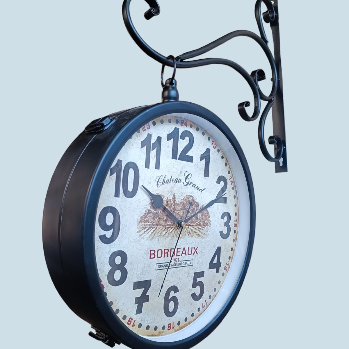 GENERICO - RELOJ DE PARED LATERAL RETRO  DOBLE CARA  EN METAL 30 CM DIAMETRO