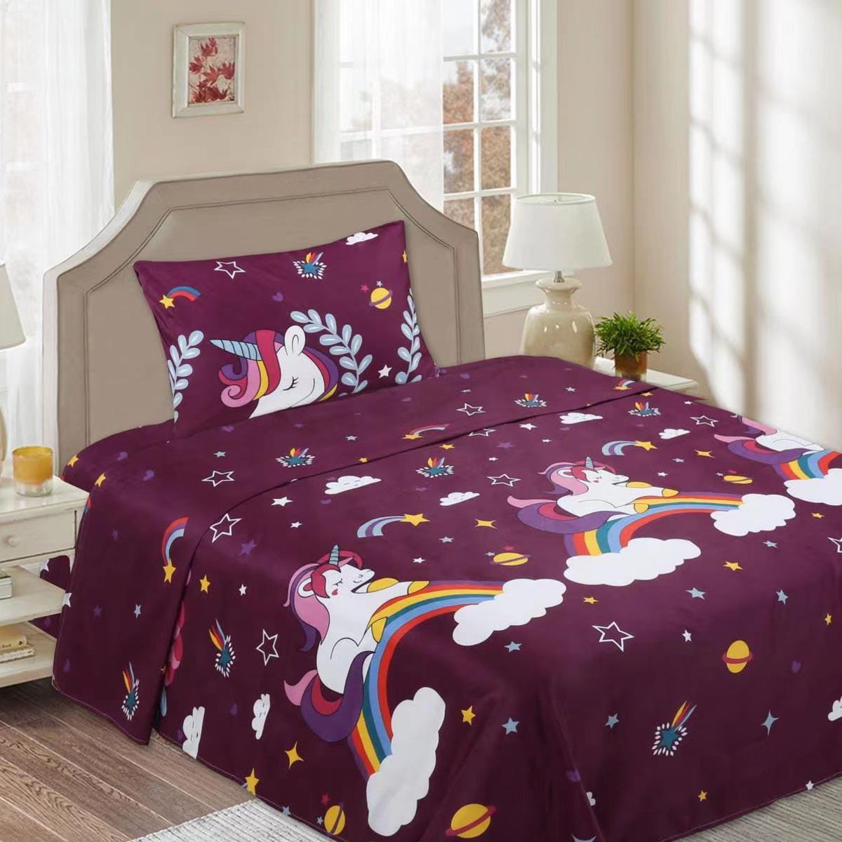 GENERICO - Sabana Plaza y Media, 144 Hilos, Diseño Unicornio