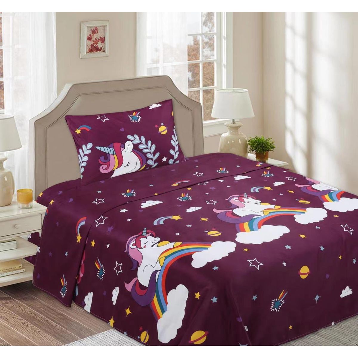 GENERICO - Sabana Plaza y Media, 144 Hilos, Diseño Unicornio