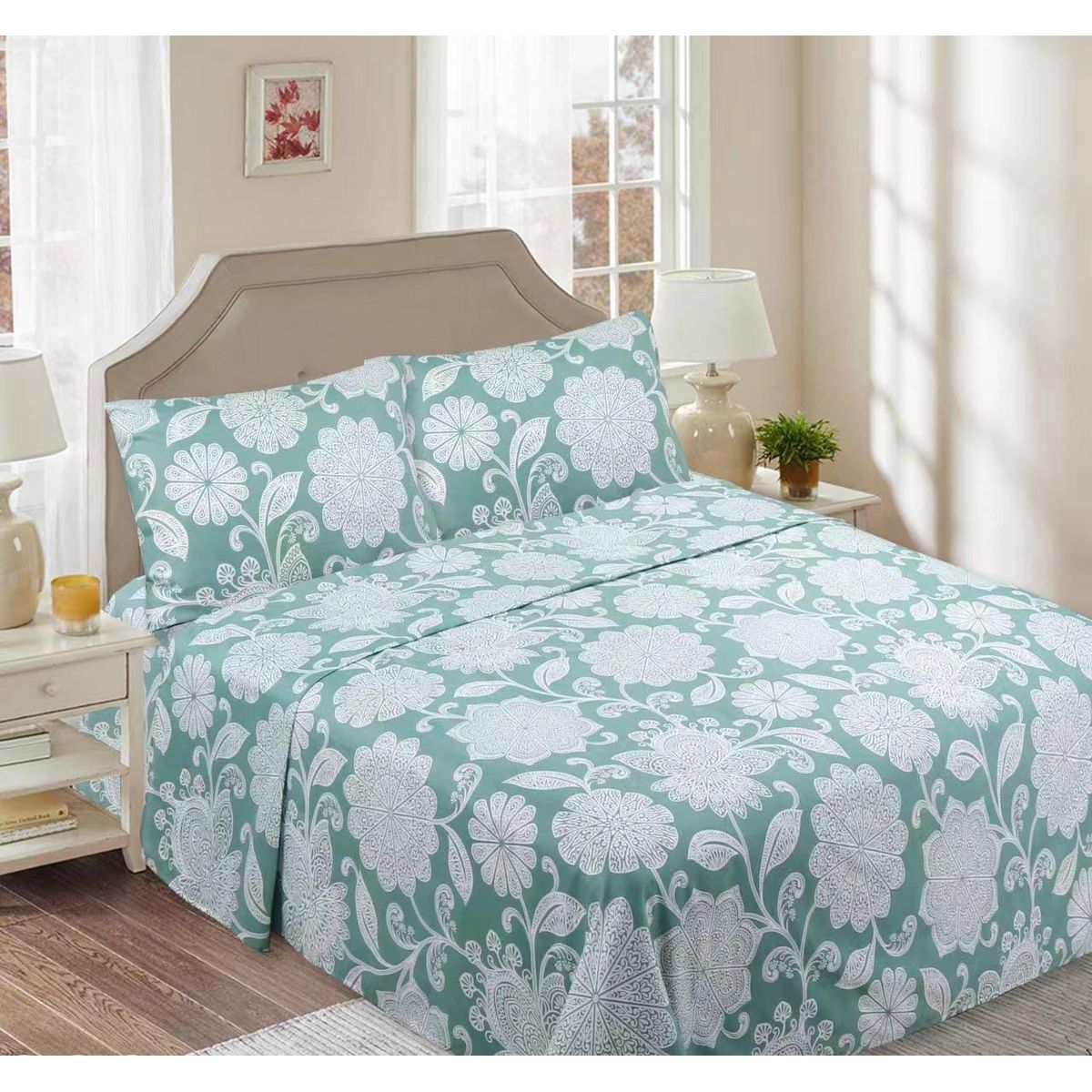 GENERICO - Juego de Sabana 2 plazas, 144 hilos, Diseño Flor turquesa