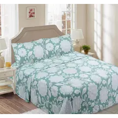 GENERICO - Juego de Sabana 2 plazas, 144 hilos, Diseño Flor turquesa