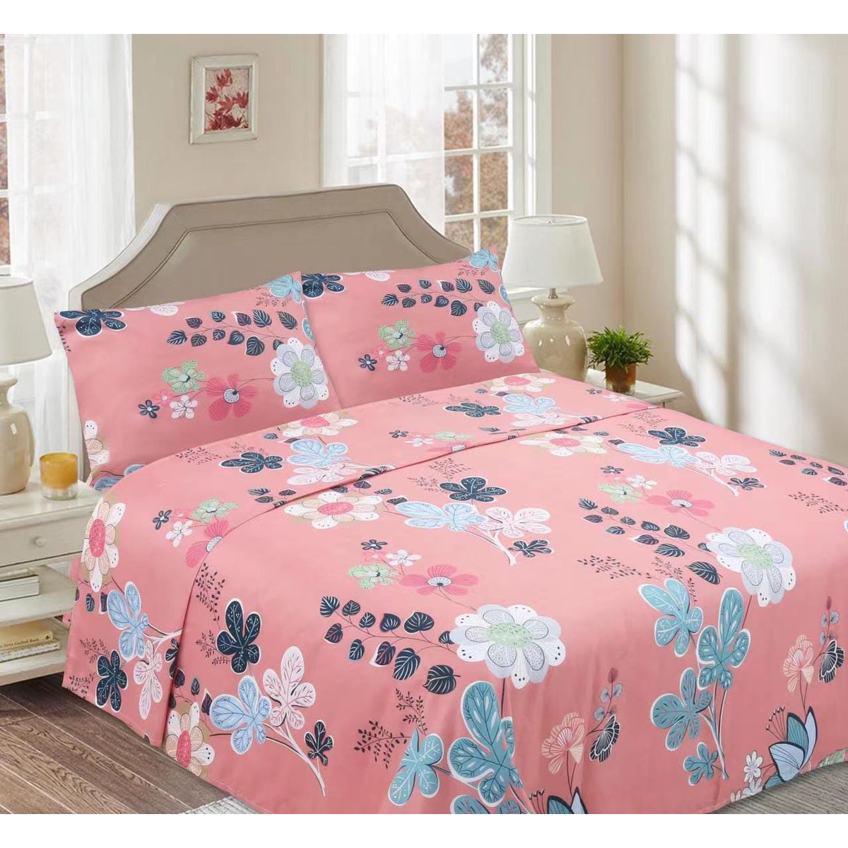 GENERICO - Juego de Sabana 2 plazas, 144 hilos, Diseño Flor