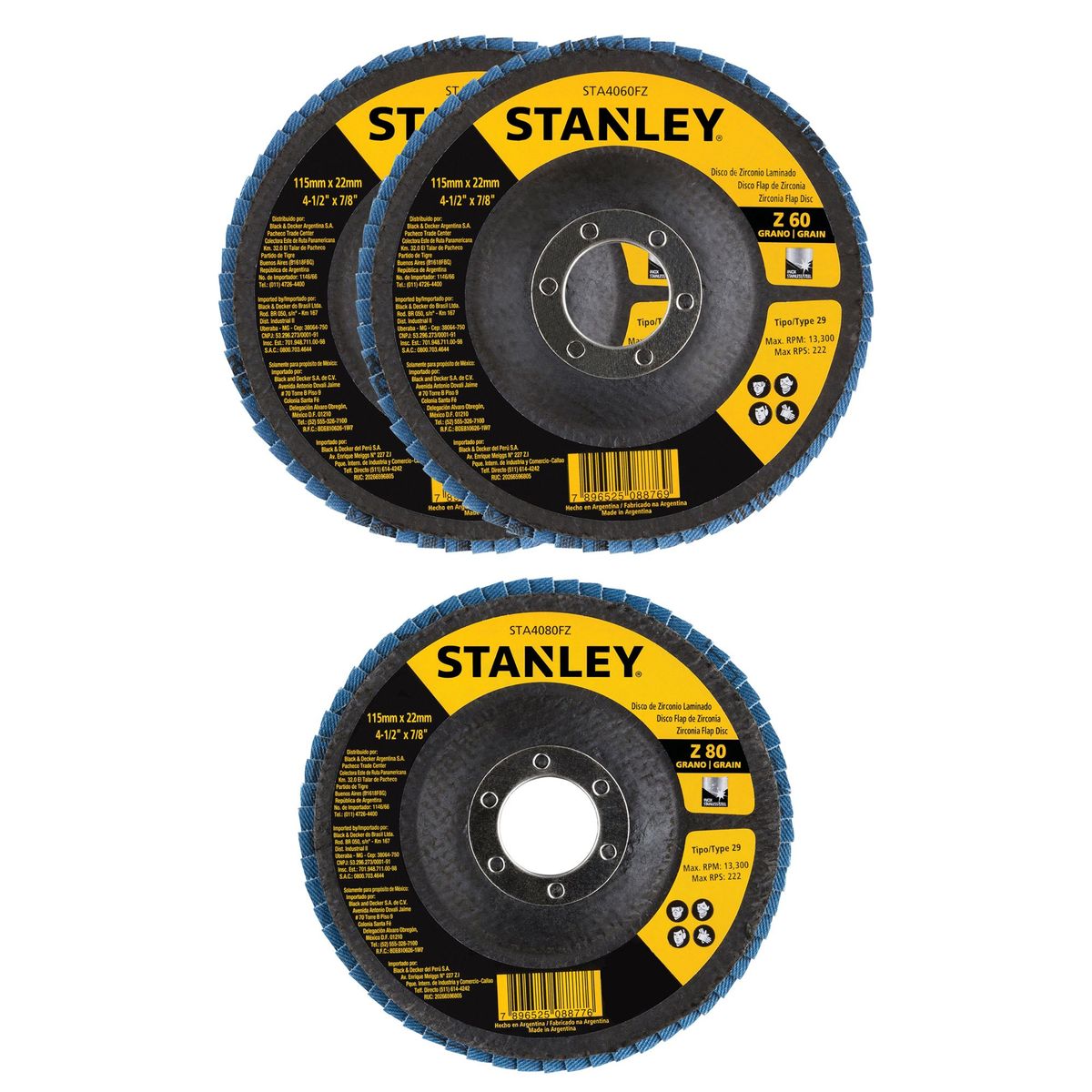 STANLEY - Set 3 discos Flap de Zirconio 115mm G60 STANLEY STA4060SET
