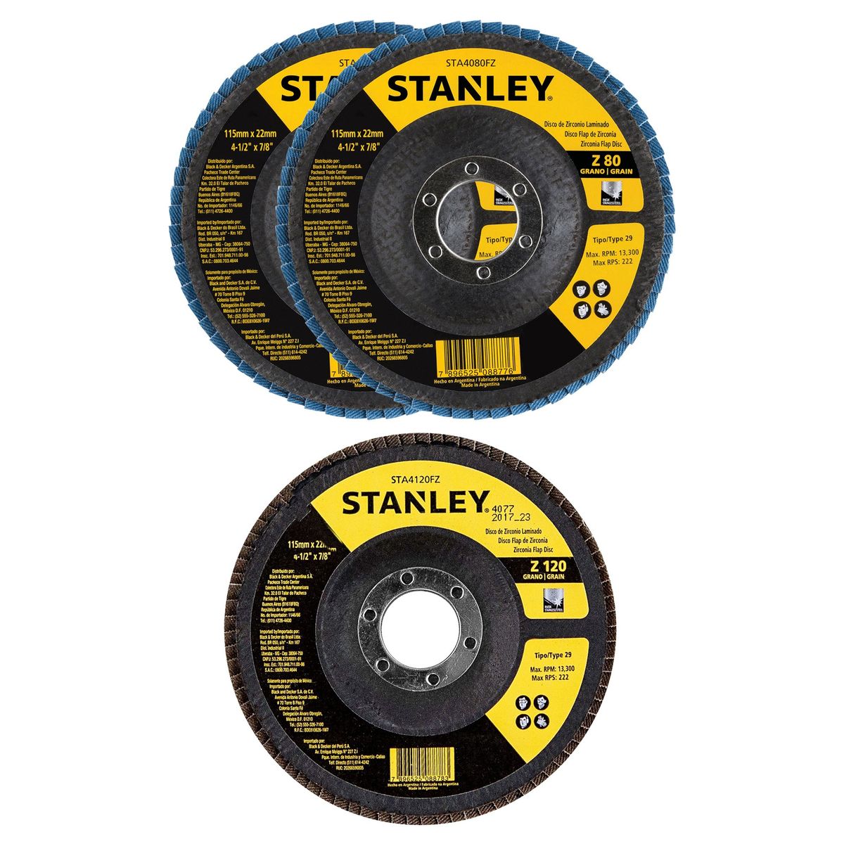 STANLEY - Set 3 discos Flap de Zirconio 115mm G80 STANLEY STA4080SET