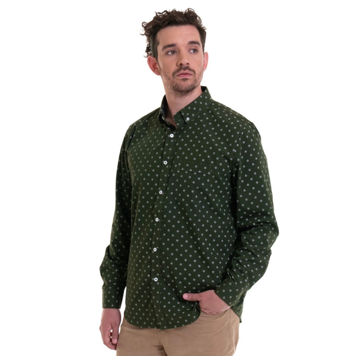 TRUVAL - Camisa Estampada Microprint Verde Musgo TRUVAL