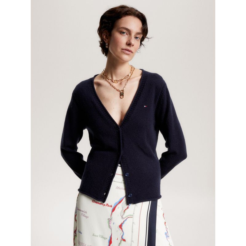 TOMMY HILFIGER - Cárdigan De Lana Con Logo Azul Tommy Hilfiger
