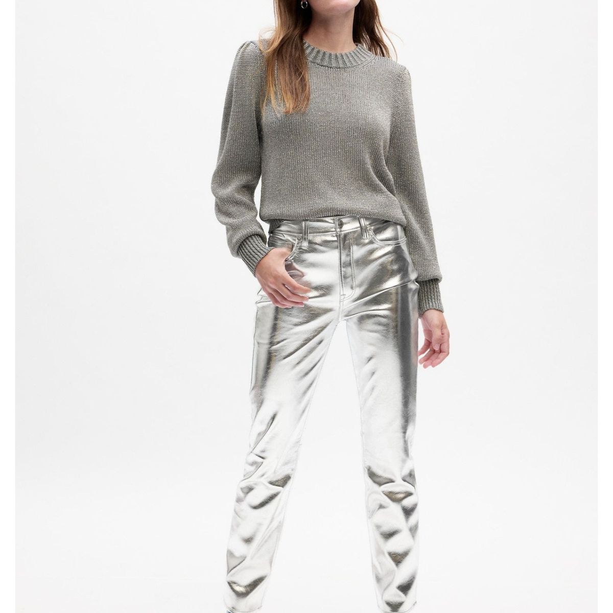 GAP - Pantalón Slim Tiro Alto Cuero Vegano Plateado Gris GAP