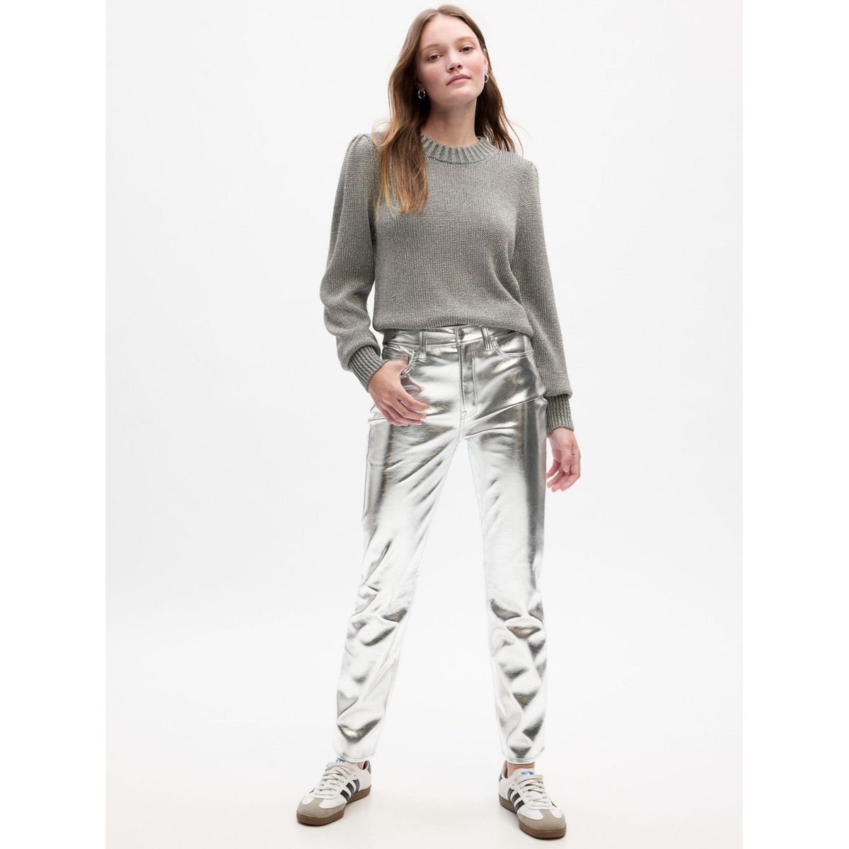 GAP - Pantalón Slim Tiro Alto Cuero Vegano Plateado Gris GAP