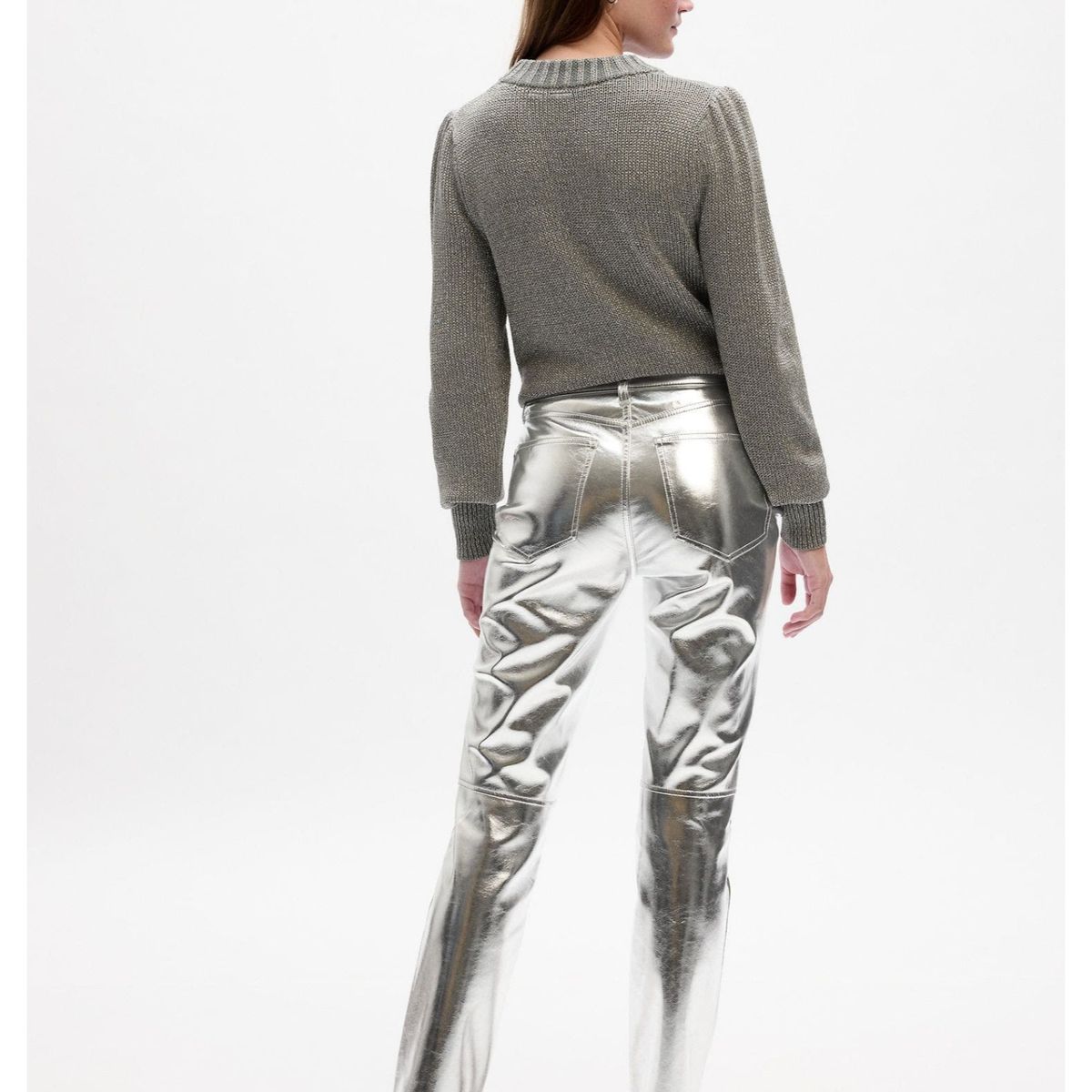 GAP - Pantalón Slim Tiro Alto Cuero Vegano Plateado Gris GAP